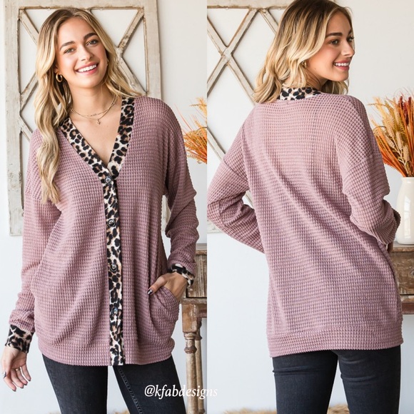 LAST 2! Animal Print Contrast Button Down Soft Waffle Knit Shacket w/Pockets! - Picture 7 of 7